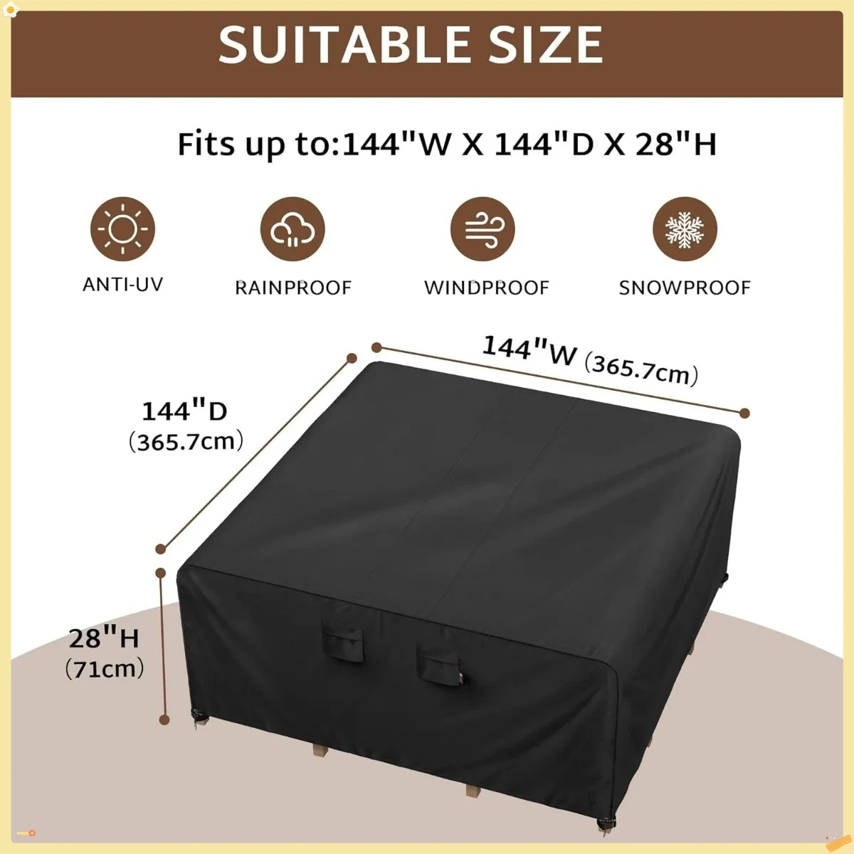 غطاء طقم طعام للفناء مقاس 144 × 144 بوصة مناسب لجميع الأحوال الجوية، قماش مقاوم للماء والأشعة فوق البنفسجية 600D، مناسب عالمي لطاولة 130 136 138 بوصة #2