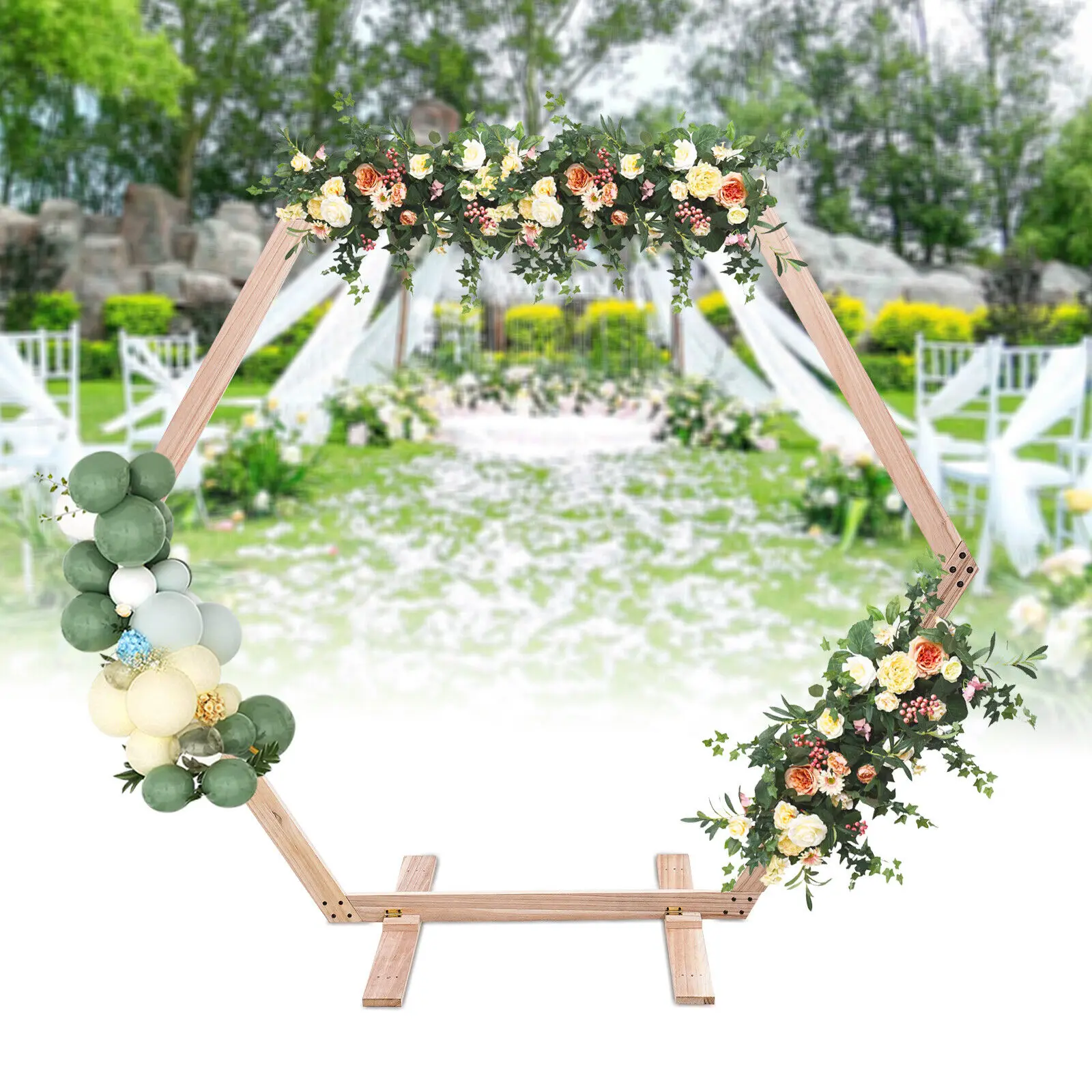 7.4ft Hexagonal Wooden Wedding Ceremony Arch Bridal Party Backdrop Arch Stand Garden Arbor for Outdoor Weddings, Flowers Garland