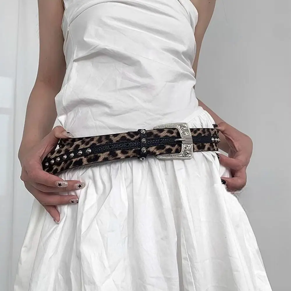 خمر خمر حزام للنساء برشام ليوبارد نمط الجلود حزام خصر القوطية Y2k فستان حزام البنطال الجينز الخصر الملحقات #5