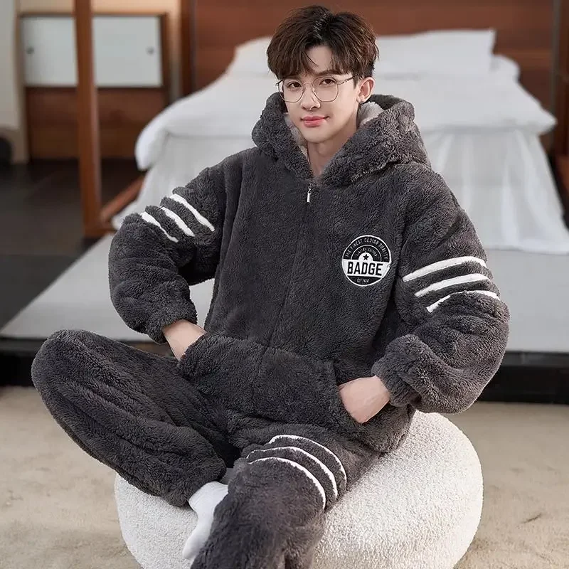 Men's pajamas wintertime Coral fleece intensification Autumn winter teenager Pupil Large size fallow loungewear set men pajamas