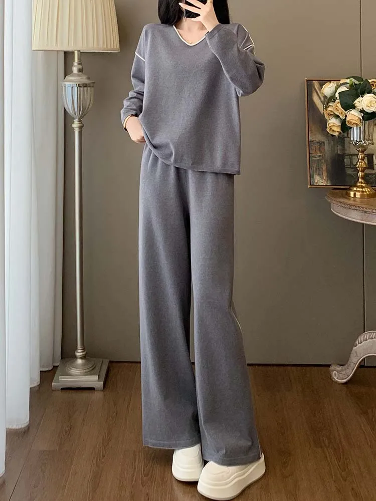 

Casual Color Blocked V-Neck Knitted Sweater+Wide Leg Pants Two-Piece Set 2025 New Fashionable Autumn Women'S Clothing