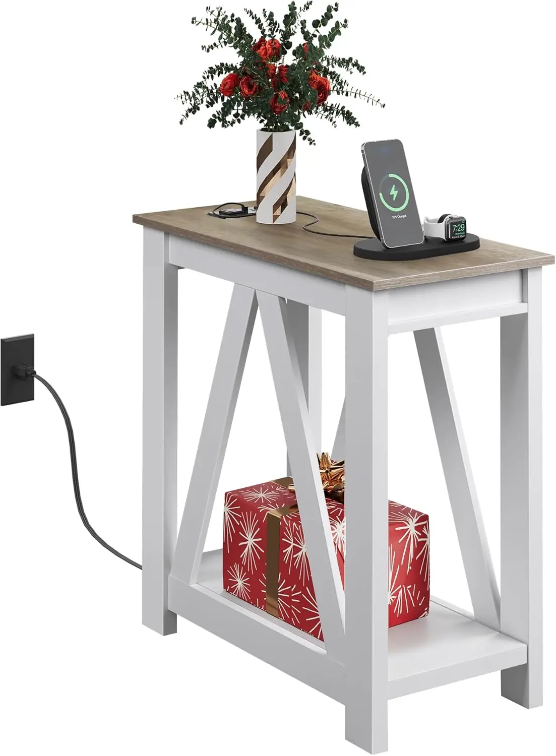 

Farmhouse Narrow Side Table with Charging Station, 2 USB & 2 Outlets, Slim Design for Bedroom or Living Room