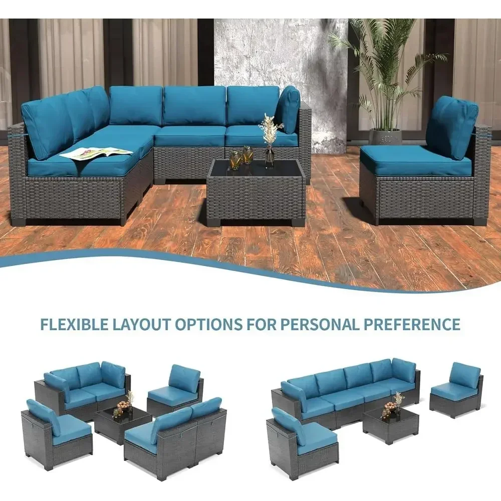 7-Piece Outdoor Patio Furniture Set with Cushions and Glass Top Coffee Table, All-Weather Wicker for Garden, Balcony, Porch