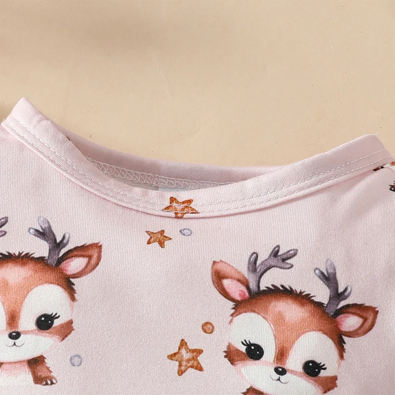 Newborn Baby Girl Christmas Outfit Reindeer Print Long Sleeve Romper with Overalls Skirt and Headband 3 Pcs Set 0-18 Months