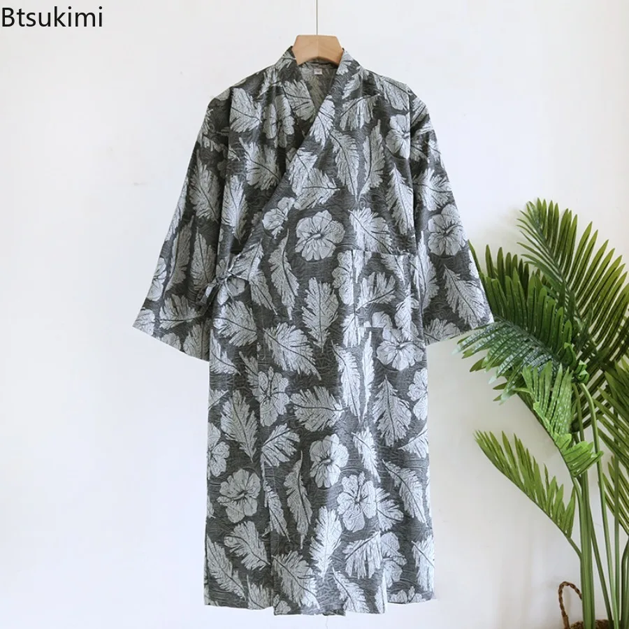 New 2025 Spring and Autumn Women's Cotton Kimono Sleeping Robes Yukata Cardigan Lace Up Yarn Woven Jacquard Bathrobes for Women