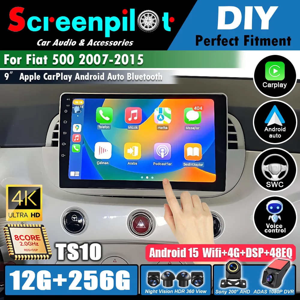 Radio para Auto Android 16 para Fiat 500 2007-2015, Reproductor de Video, Carplay, Multimedia Android, Auto FM AM 2Din, DSP, Subwoofer, 8 Núcleos, 5G, GPS
