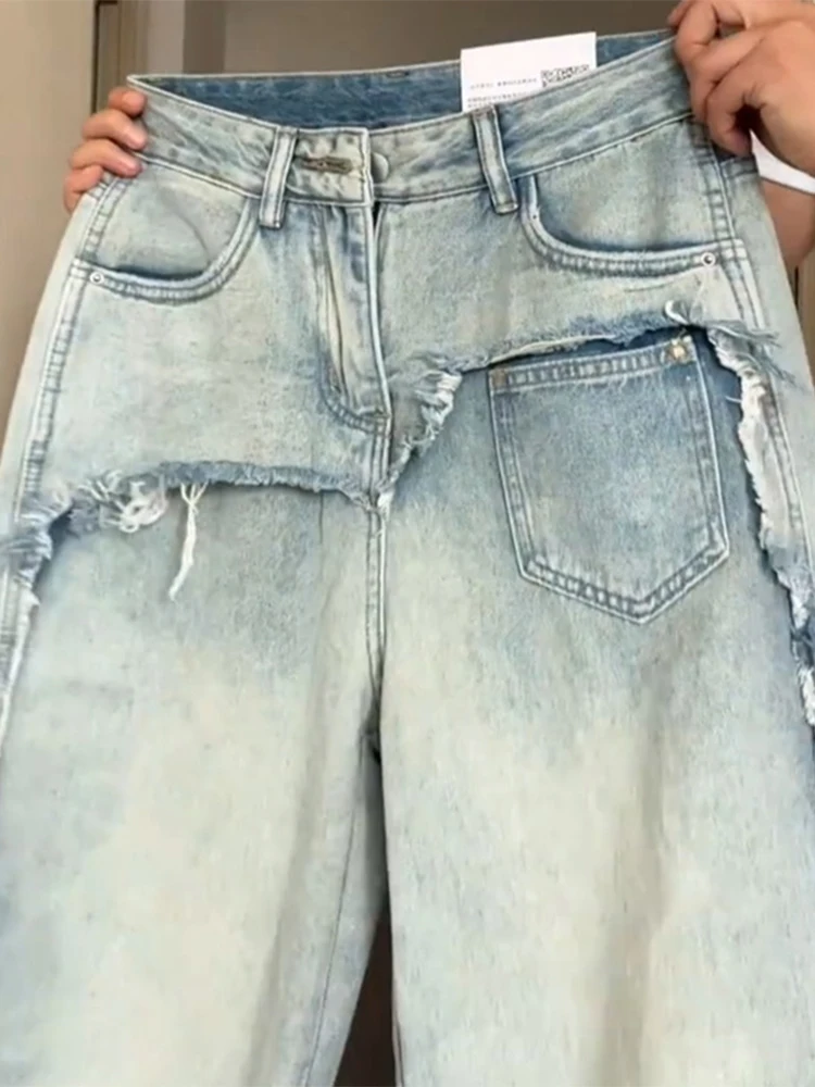 Retro High Street Wide Leg Denim Jeans Women's Spring Autumn Frayed Large Size Loose Straight High Waist Floor-Length Pants