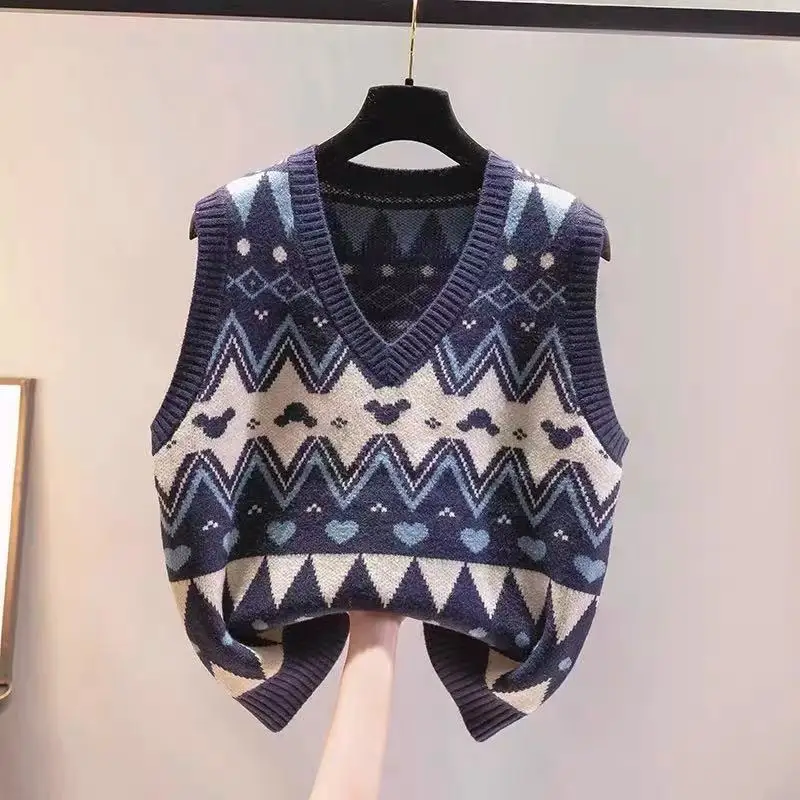 

Женский вязаный жилет-топ для весны и осени, верхняя одежда, V-образный вырез, стандартная длина, без пуговиц, в клетку, для возраста 8-24 лет, для повседневной носки