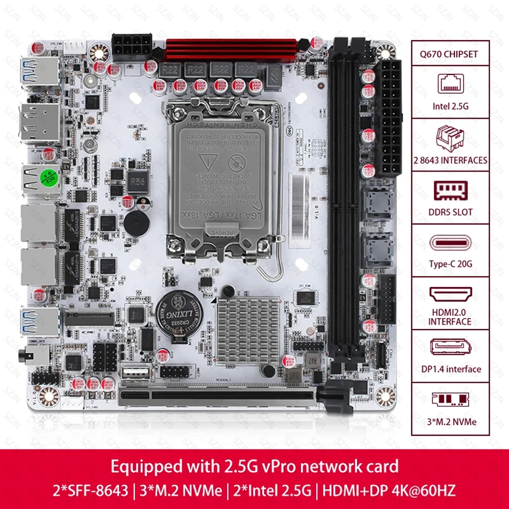 Zestaw NAS z płytą główną Q670 ITX z obsługą procesorów Core 12-14 generacji, pamięci DDR5 16-32GB, obsługą M.2 NVME, SFF-8643, technologią VPro i niskim poborem mocy.