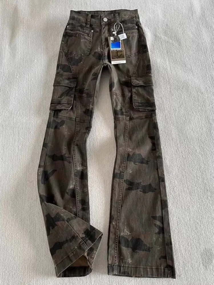 Y2k Punk Gothic Jeans Camouflage Patchwork High Waist Flare Pants Harajuku Vintage Trousers Streetwear Slim Women's Clothing