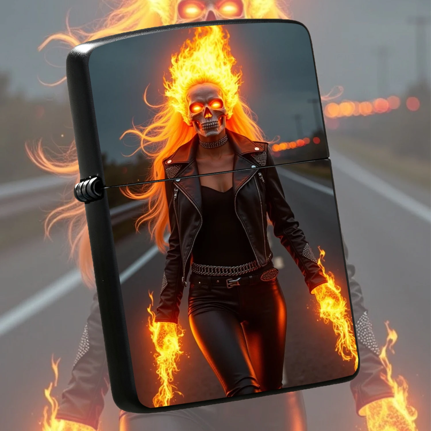 Cool Female Rider Themed Lighter, Striking Burning Flame Art Pattern, Stylish Trendy Creative Design, Perfect For Daily Commute Outdoor Activities Various Occasions, Ideal Unique Gift Personal Carry Accessory For A Humorous And Interesting