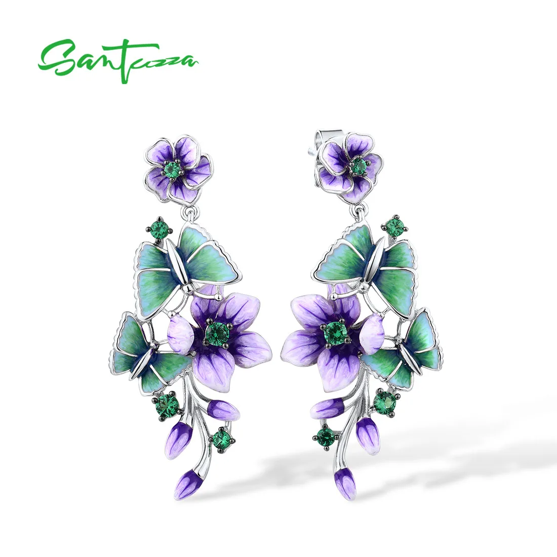 SANTUZZA Pure 925 Sterling Silver Stud Earrings For Women Purple Flower & Butterfly Green Spinel Fine Jewelry Handmade Enamel