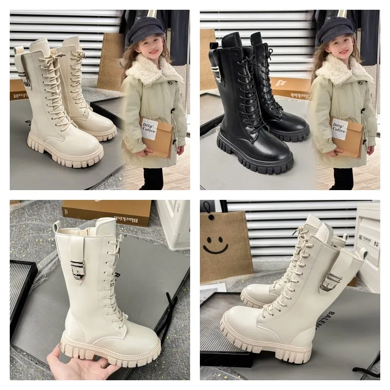 

Модные высокие сапоги для девочек от 3 до 18 лет, бежевые утолщенные высокие хлопковые сапоги с подкладкой для мальчиков и девочек, черные нескользящие детские сапоги
