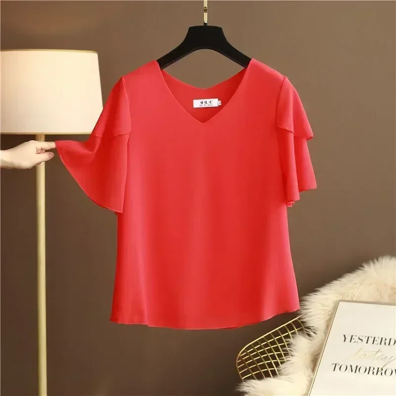 New Arrival Fashion Brand Women Blouse Summer Plus Size Flared Sleeve Loose Chiffon Shirt Short Sleeve V-neck Casual Tops Women