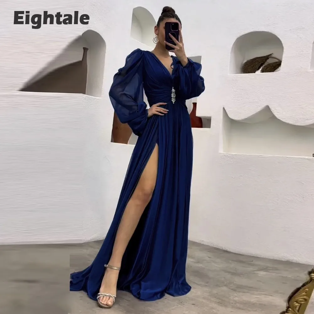 Eightale Navy Blue Evening Dress V-Neck Chiffon Long Sleeves Prom Party Dress High Slit Beaded Vestidos De Noche Ballkleider