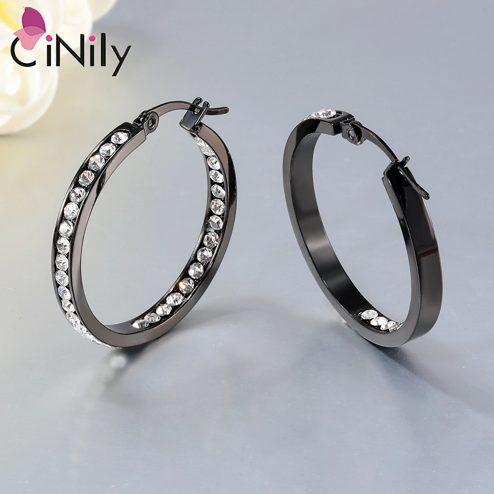 CiNily Black Circle Hoop Earrings for Women Stainless Steel Huggie Hoops Earring CZ Zircon Fashion Jewelry Statement Ear Ring