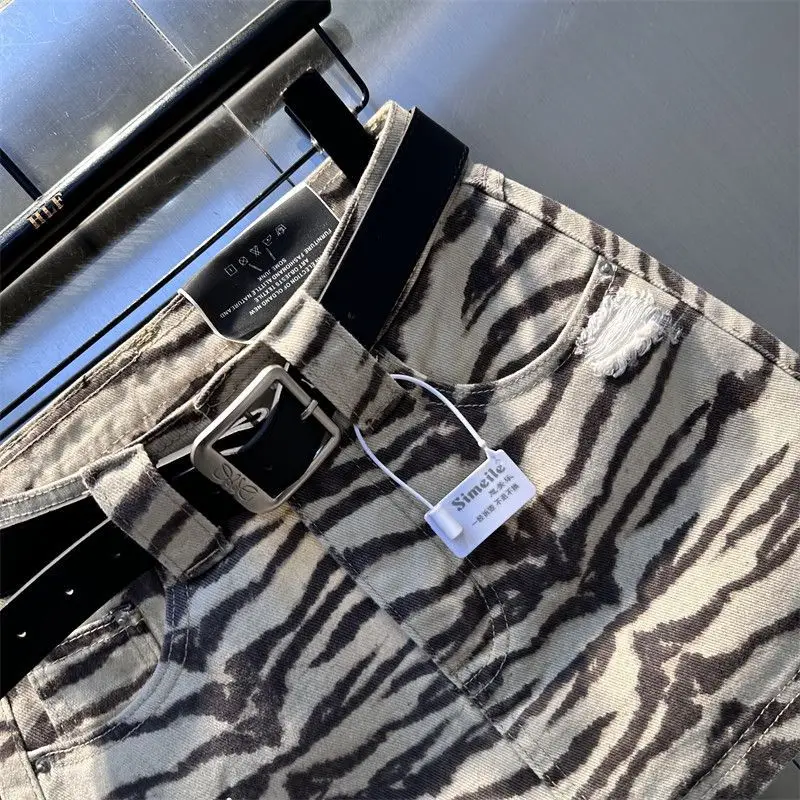 Retro Zebra Pattern Ripped Hole Denim Skirts 2026 Women's New Summer High Waist A-Line Skirt Trend Streetwear Versatile Skirts