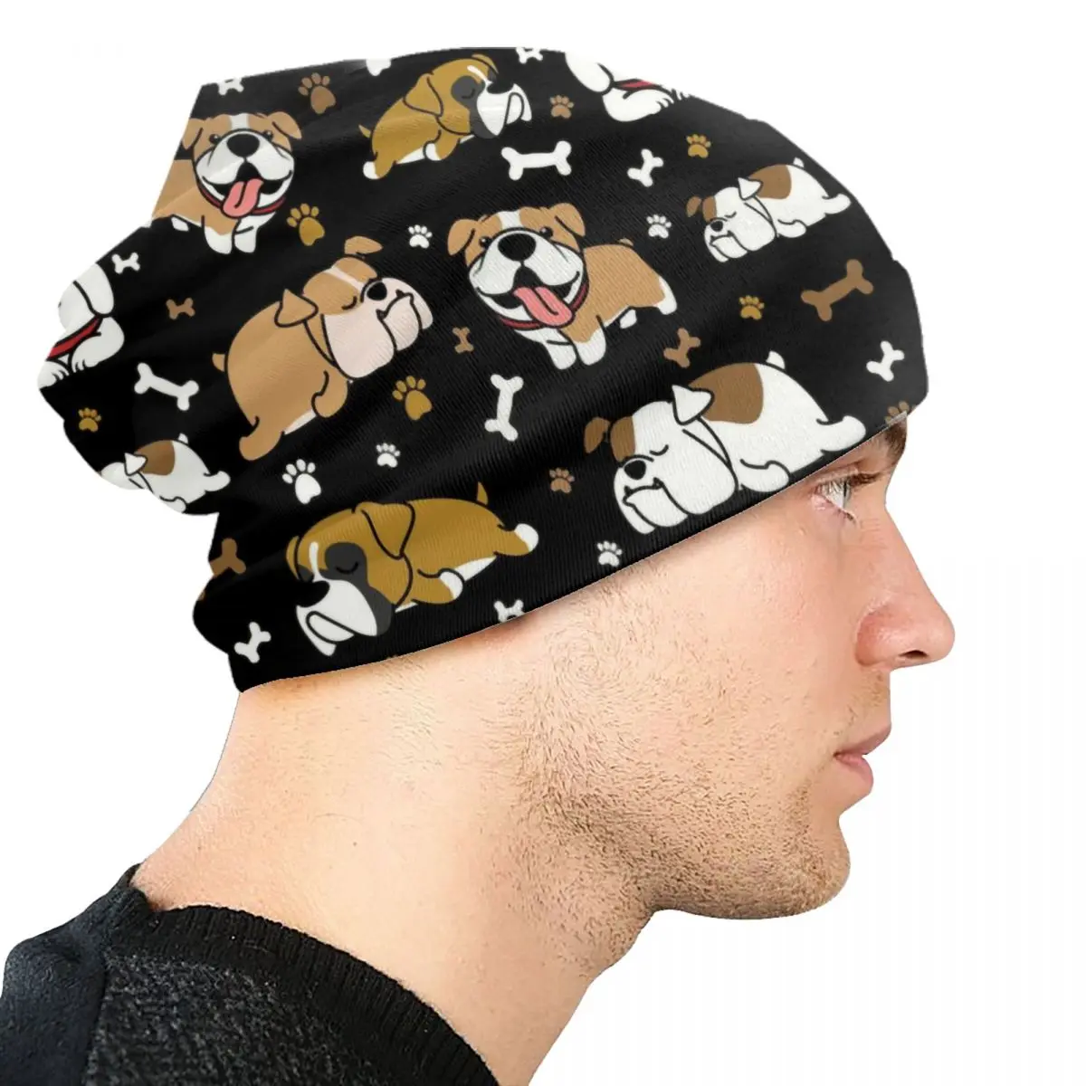 Topi Bonnet Bulldog Inggris lucu topi rajutan pria wanita keren dewasa uniseks topi beanie musim dingin hangat