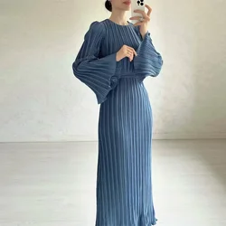 Women Summer Solid Tunics Pleats Maxi Dress For 2024 New Spring Fashion Bell Sleeves Festa Luxo Party Elegant Long Sleeve Dress