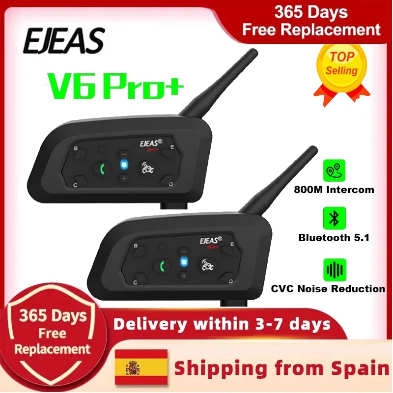 EJEAS V6 PRO+ Motorcycle Helmet Intercom Bluetooth Headset with 800M BT Interphone Communicator 6 Riders Waterproof Music Player