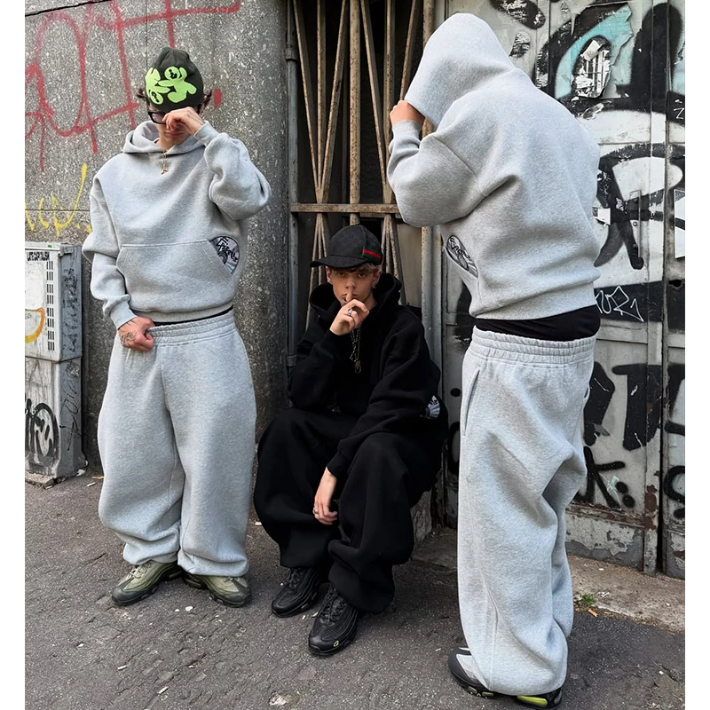 Harajuku Nowy Modny Styl High Street Retro Casual Streetwear Damski Strój Sportowy Y2K Haftowana Bluza z Kapturem Męskie Luźne Spodnie Dresowe Hip-hop