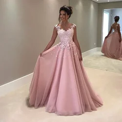 Exquisite Pink Women Evening Dresses Lace Tulle Satin Sleeveless Sweetheart Princess Pretty Luxury فساتين سهره Vestidos De Gala