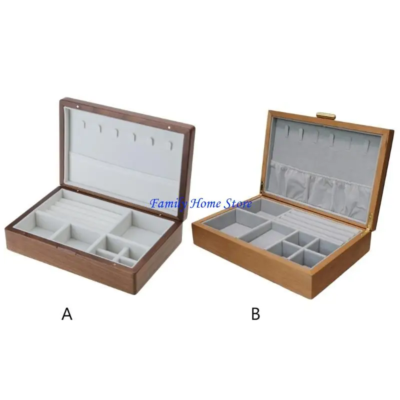 

P0UF Protable Travel Retro Wooden Jewelry Box Display Earrings Rings Holder