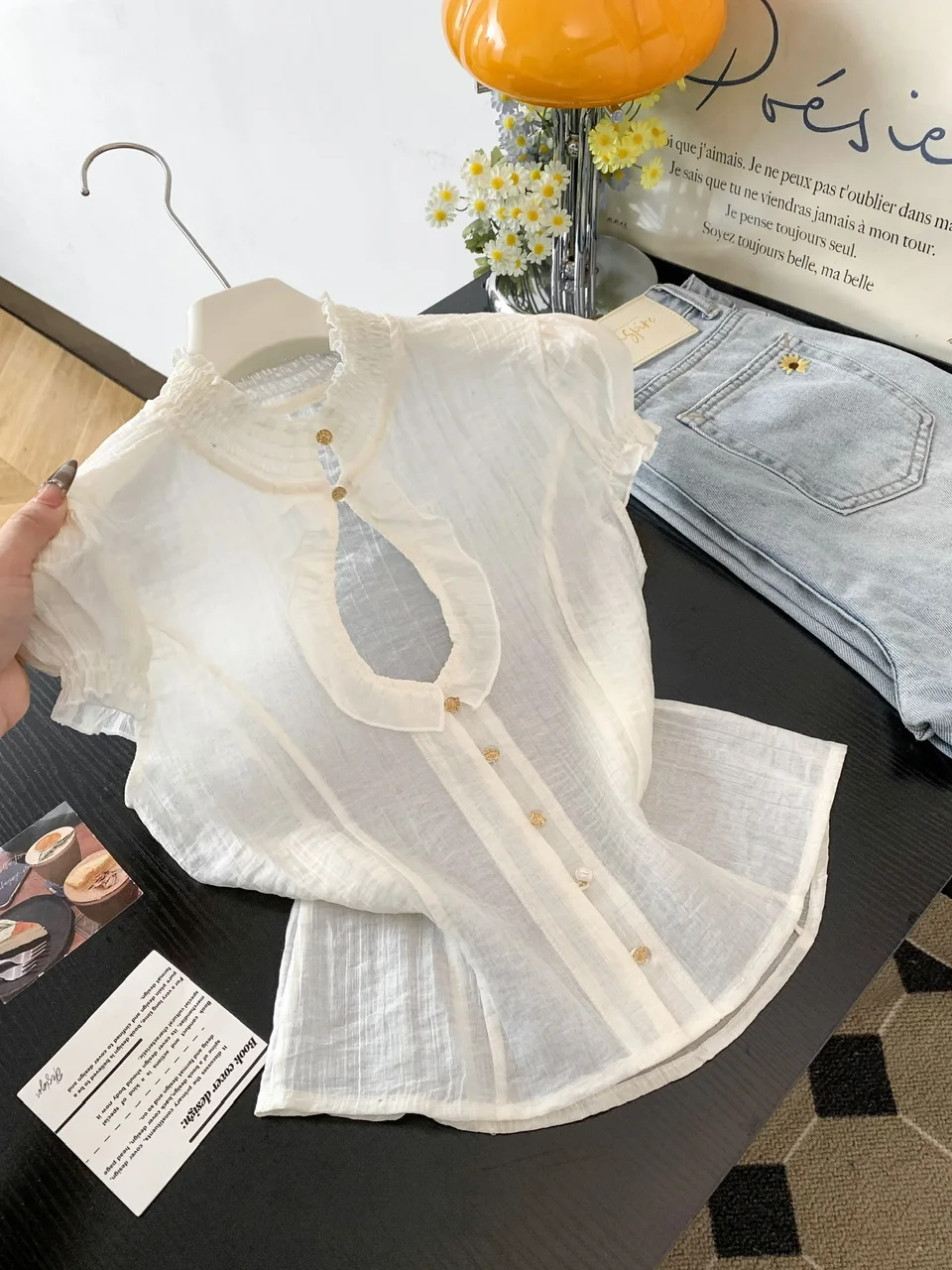 

Elegant Hollow out Short Sleeve Shirt Women's Summer 2026 New Design Loose Slimming Sexy Top Korean Style Commute Fashion