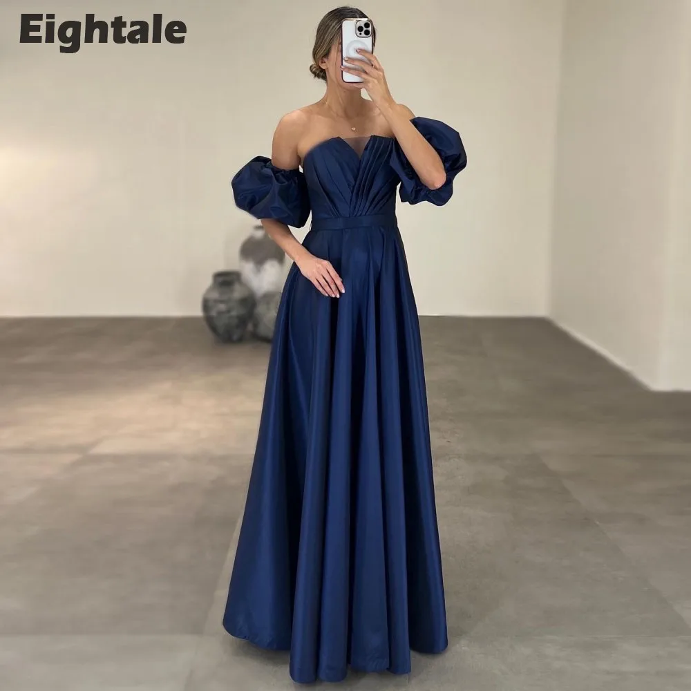 

Eightale Navy Blue Evening Dresses Scoop Short Sleeves A-Line Satin Graudation Prom Party Gown Wedding Vestidos De Gala