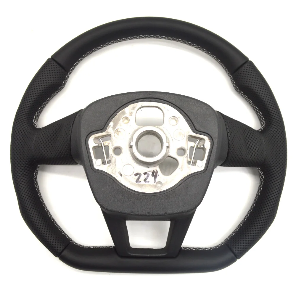 Leather Perforated Steering Wheel For Audi A4 B8 A4 B9 Q3 F3 Q5 FY White Stitching No LOGO Flat Bottomed Leather Steering Wheel