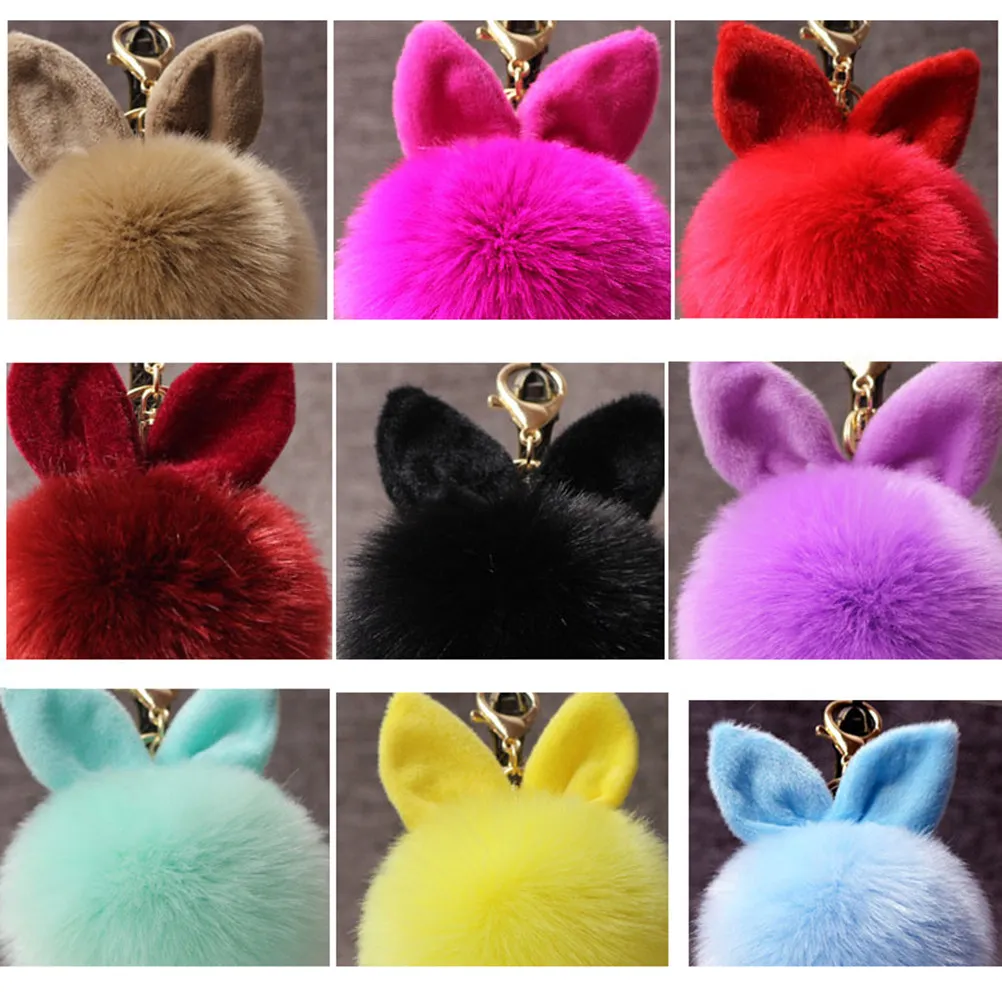 

Rabbit Ear Pom Pom Keychain 10-12Cm Diameter Women Key Ring Bag Charm Handbag Car Keys Decoration Elegant Gift Khaki