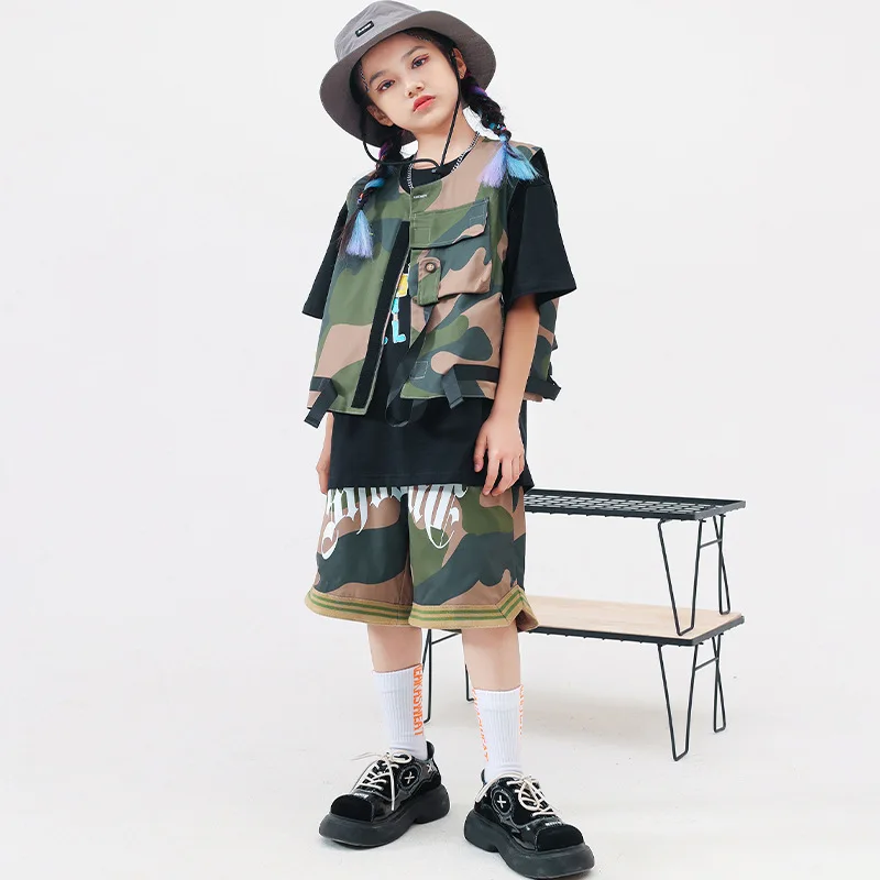 Kid Hip Hop Clothing Camo Tactical Sleeveless Jacket Vest top Casual Side Pockets Shorts for Girl Boy Jazz Dance Costume Clothes