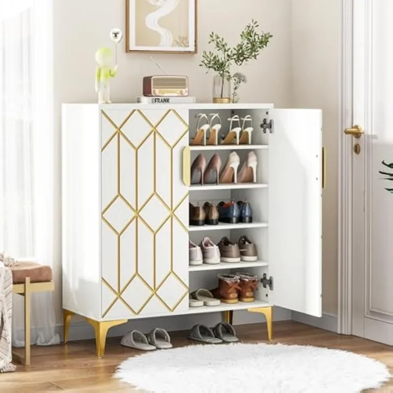 5 Tiers Shoe Cabinet, White Shoe Storage Cabinet with Adjustable Shelves for Entryway, Hallway, Bedroom, Living Room