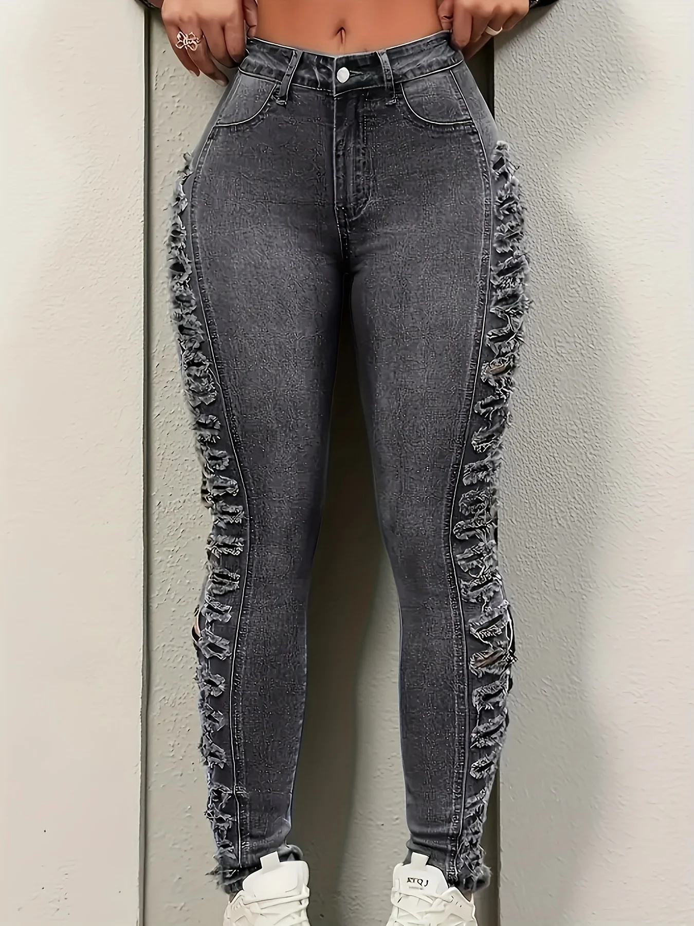 

Женские джинсы узкого кроя со складками и высокой талией, многослойный дизайн с дырками, плиссированные.