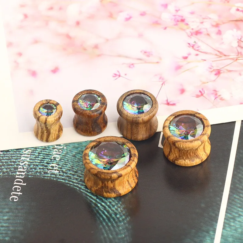 1 Pair Wooden Colored Zirconia Earlobe Body Piercing Jewelry - Ear Dilation Piercing Earrings