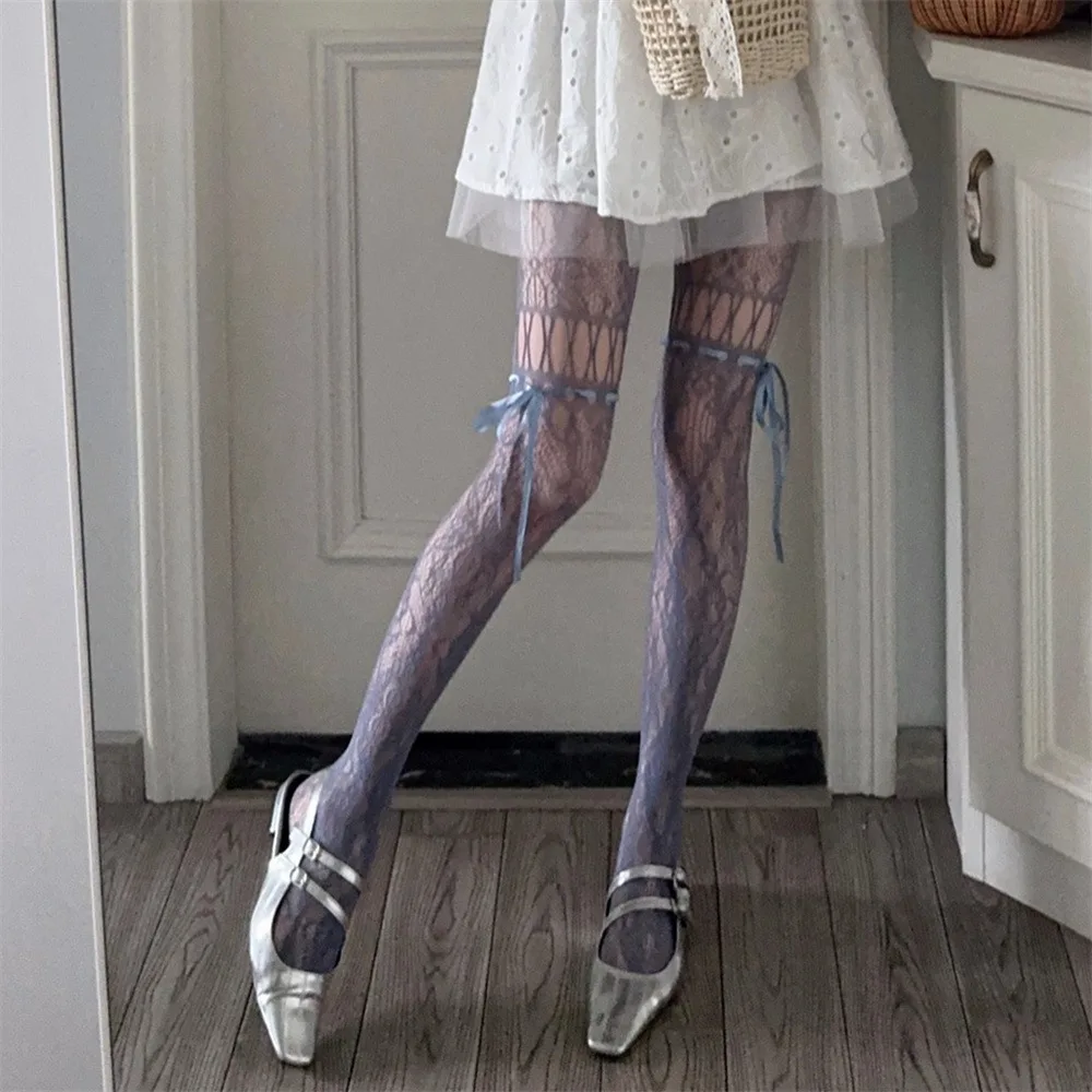 High Waist Mesh Lace-up Pantyhose High-Density Smooth Shaping Silk Stockings Hollow-out Stretch Sheer Pantyhose Tights Dance