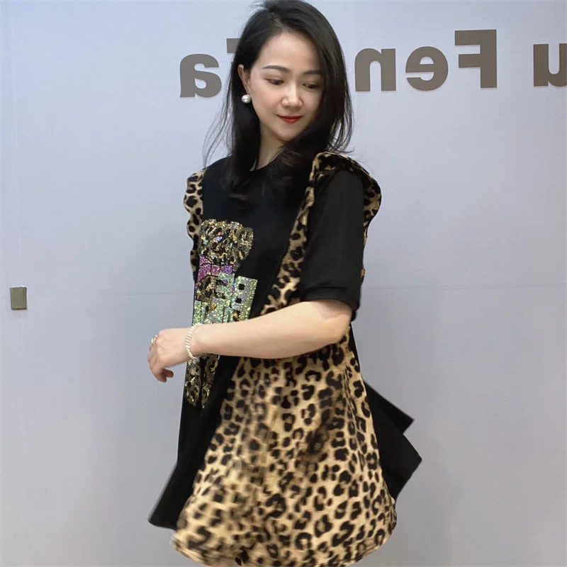 2024 Summer Two Piece Sets Womens Outifits Ruffled Leopard Cartoon Bear Rhinestone Round Neck Short Sleeve Top and Shorts Set