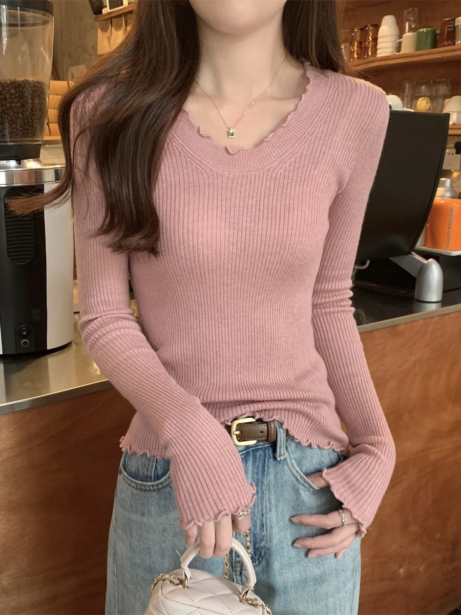 

Облегающий круглый топ, женский вязаный свитер из смеси хлопка Long Sve, простой дизайн, модный дизайн, V-Ne, повседневная внутренняя часть...