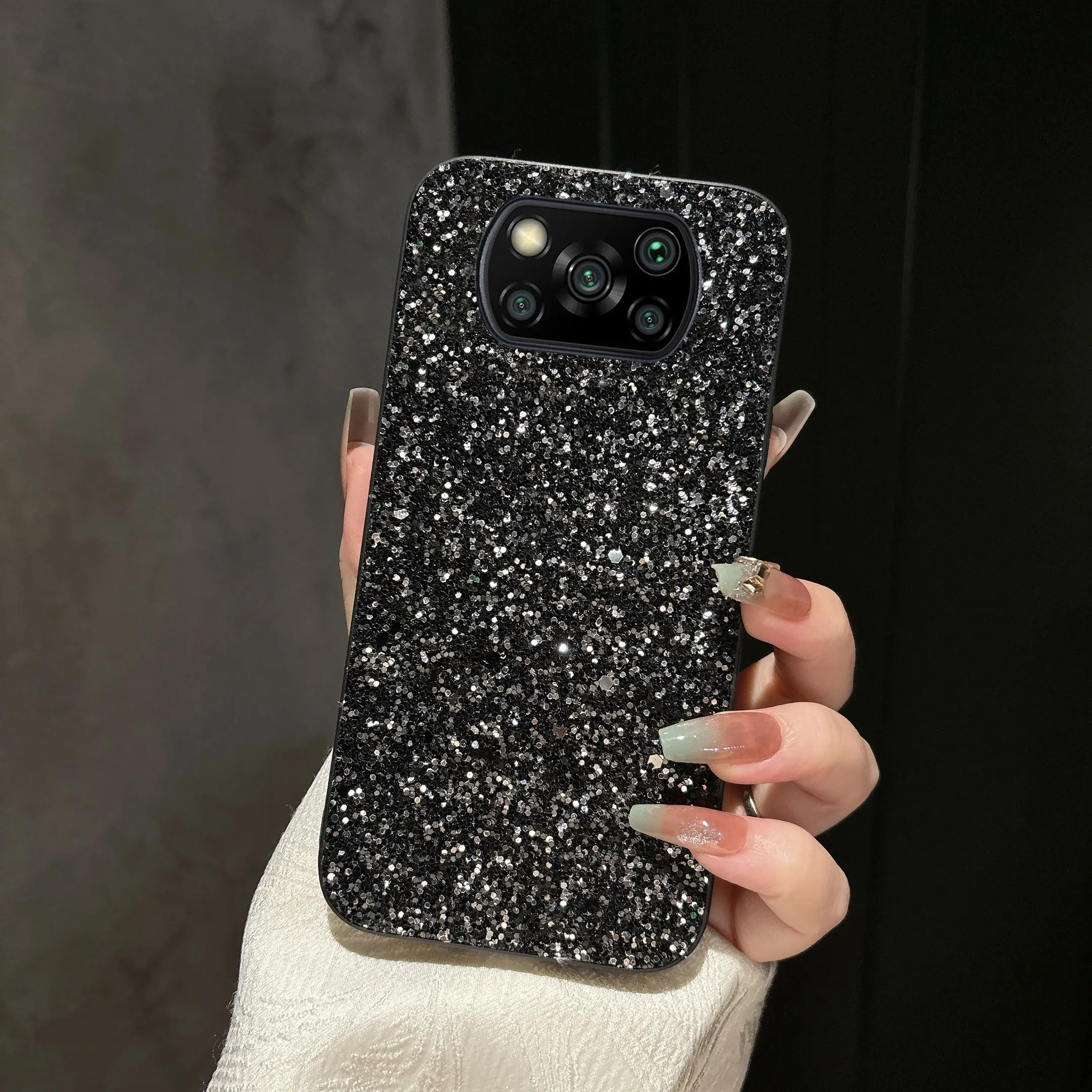 Funda de teléfono de lujo con purpurina negra y diamantes para Xiaomi Poco F6 F5 Pro X3 X4 X5 X6 X7 Pro 5GBack