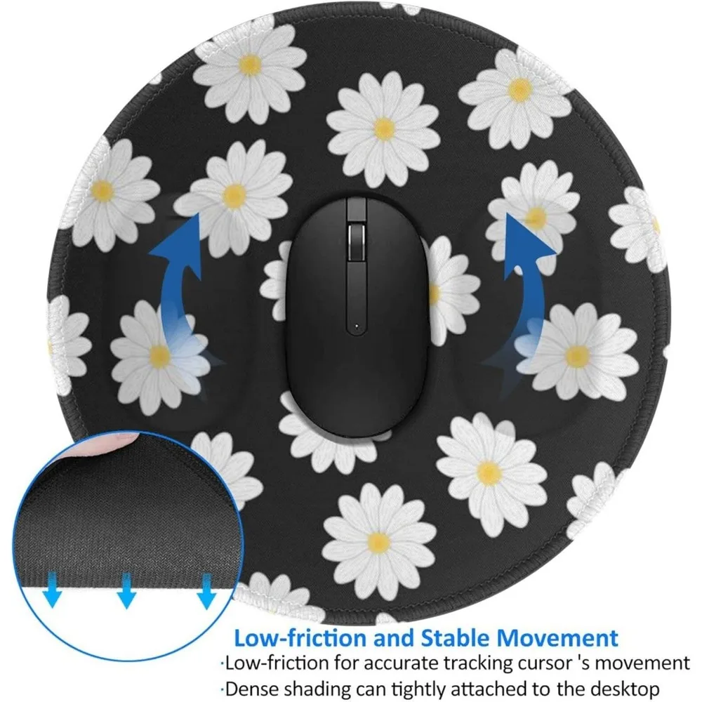 Alfombrilla de ratón redonda para juegos con estampado de margaritas blancas de 8 pulgadas con base de goma antideslizante y borde cosido