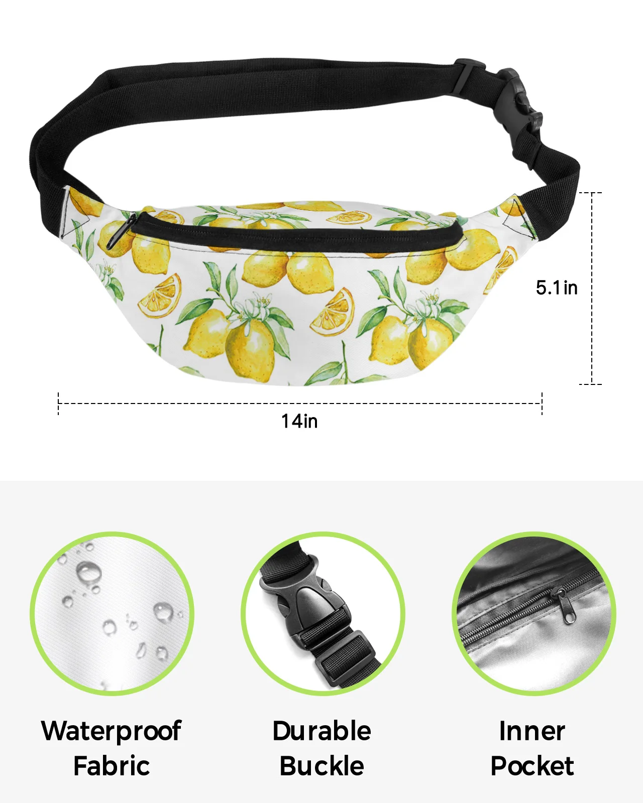 Watercolor Lemon Fruit White Yellow Men Women Waist Bag Fanny Pack Purse Phone Belt Bag Wallet Pouch Waterproof Banana Hip Bags