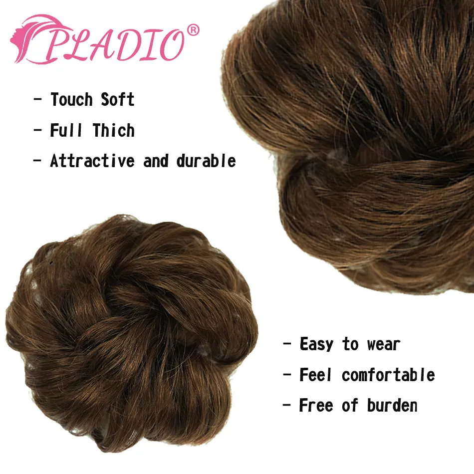 PLADIO-extensiones de moño de cabello humano 100% para mujer, con borlas moño desordenado, extensiones de cola de caballo, moño de pelo marrón Natural ondulado