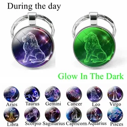 12 Constellation Keychain Luminous Glass Cabochon Jewelry Zodiac Signs Key Chain Aries Leo Taurus Libra Pendant Birthday Gift
