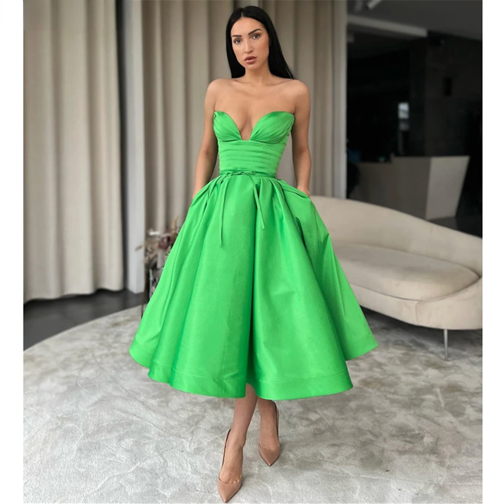 Sweetheart Green Tea Length Prom Cocktail Dresses Women Party Sexy A-line Satin Evening Gowns With Sashes Lace-Up Back