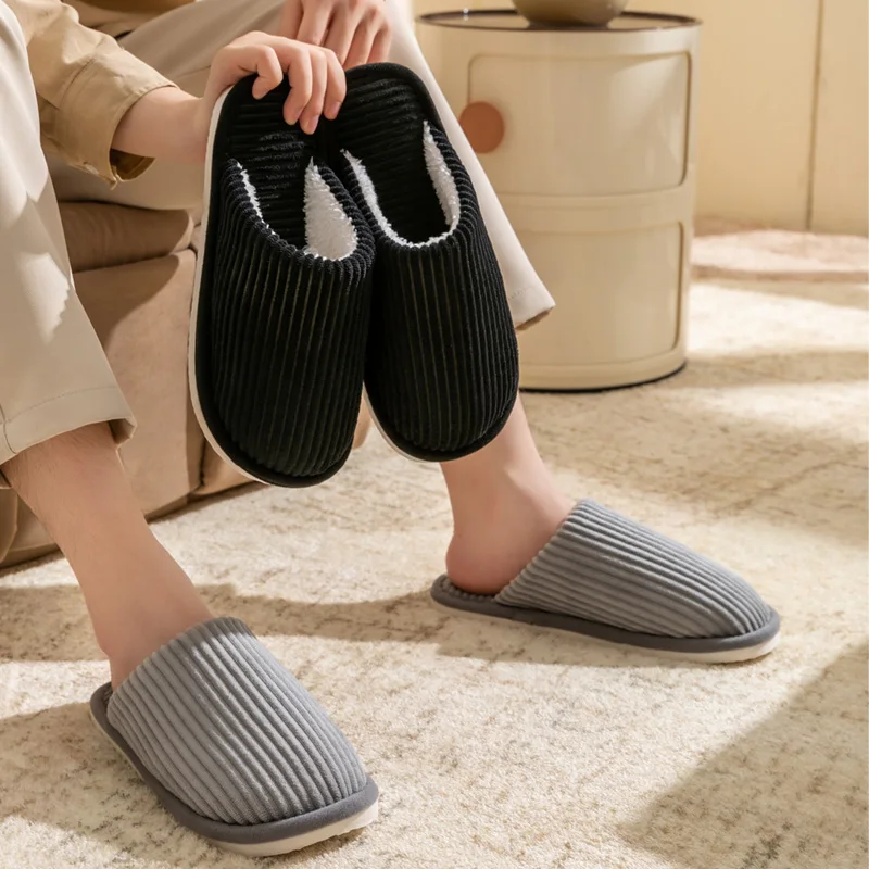 Unisex Striped Corduroy House Slippers, Comfort Light Indoor Bedroom with Non-Slip Soft Sole, Cozy Closed-Toe Warm Shoes for Men
