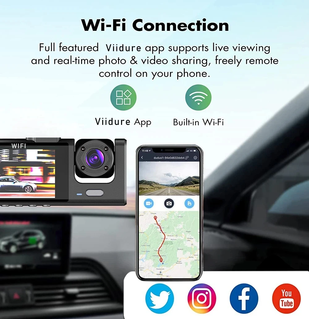 1080P 3-Kanal-Objektiv WLAN Dashcam Auto DVR Innenraumkamera Mini-Recorder Video-Registrator Dashcam Dreiwege-Videokamera – Detail 2