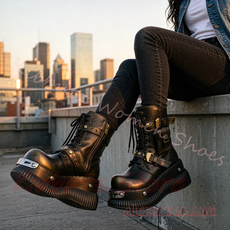 Platform Combat Ankle Boots Women Lace Up Metal Studded Buckle Strap Side Zipper Goth Punk Streetwear Dark Fashion Shoes Concise