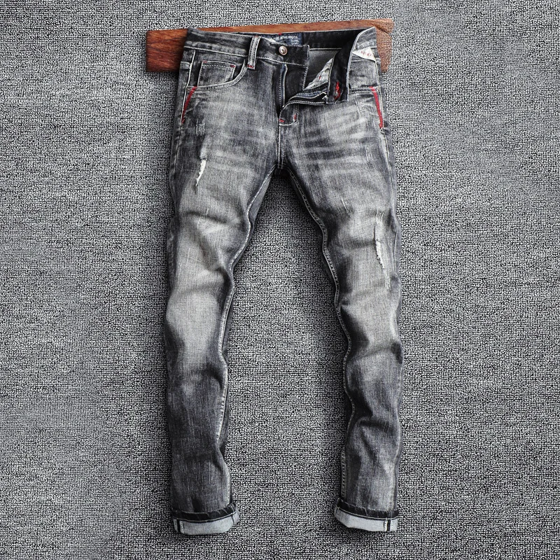 Pantalones vaqueros rasgados de estilo italiano para Hombre, Jeans Retro grises elásticos, ajustados, informales, de diseñador Vintage