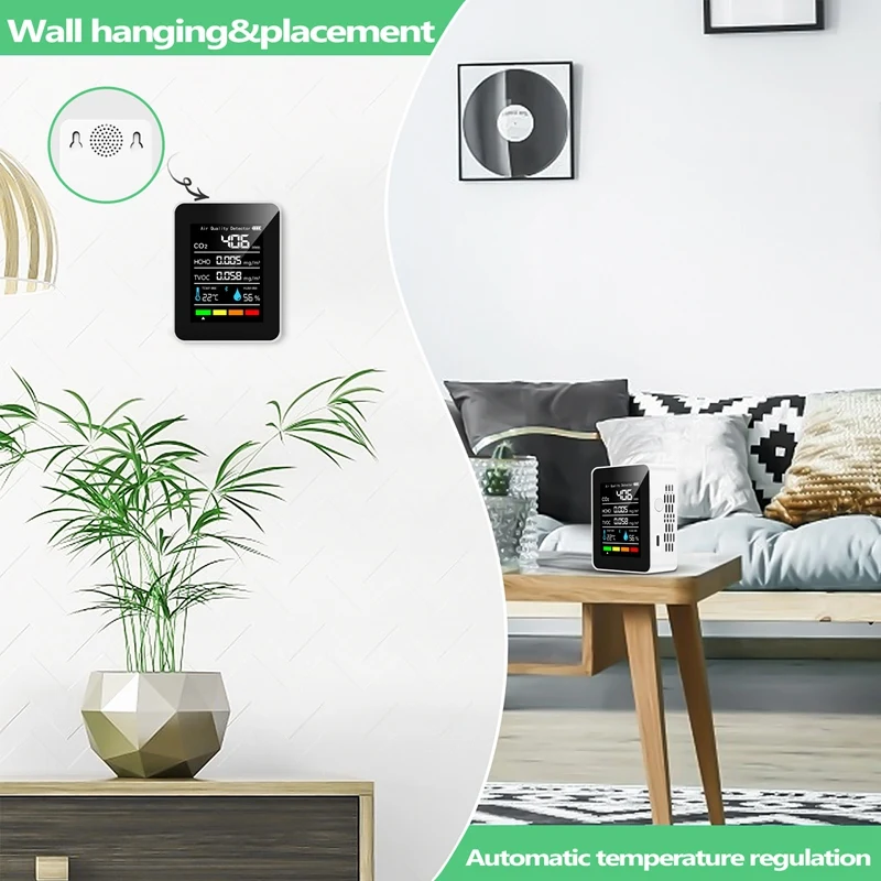5 In1 CO2 متر الرقمية جهاز قياس درجة الحرارة والرطوبة كاشف ثاني أكسيد الكربون مراقبة جودة الهواء TVOC HCHO محلل-ABJU