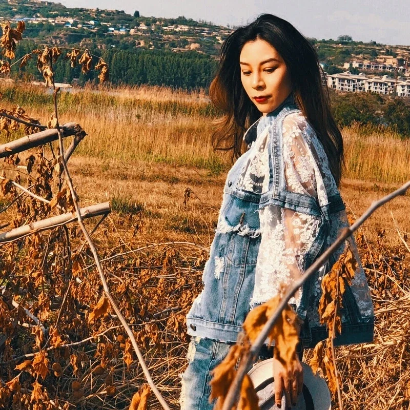 Streetwear Women Lace Hook Flower Hollow Out Patchwork Frayed Edges Hole Denim Jacket Summer 2026 Long Sleeve Casual Veste Femme